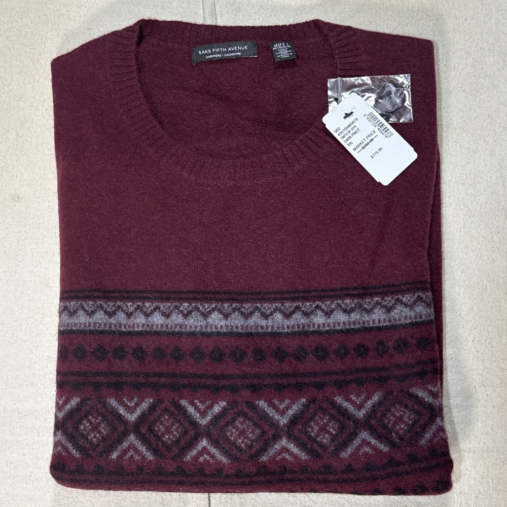 Saks Fifth Avenue Cashmere Sweater Mens XXL Dark Pinot Striped Geometric NWT